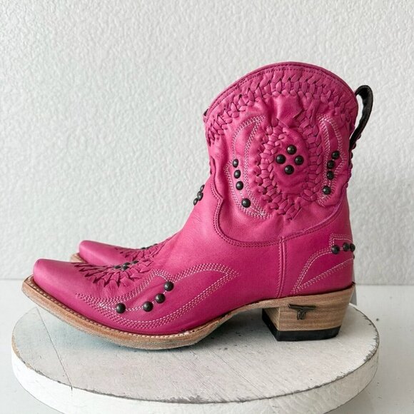 Lane COSSETTE Womens Cowboy Bootie 7 Hot Pink Leather Western Short Ankle Boots - Picture 4 of 13
